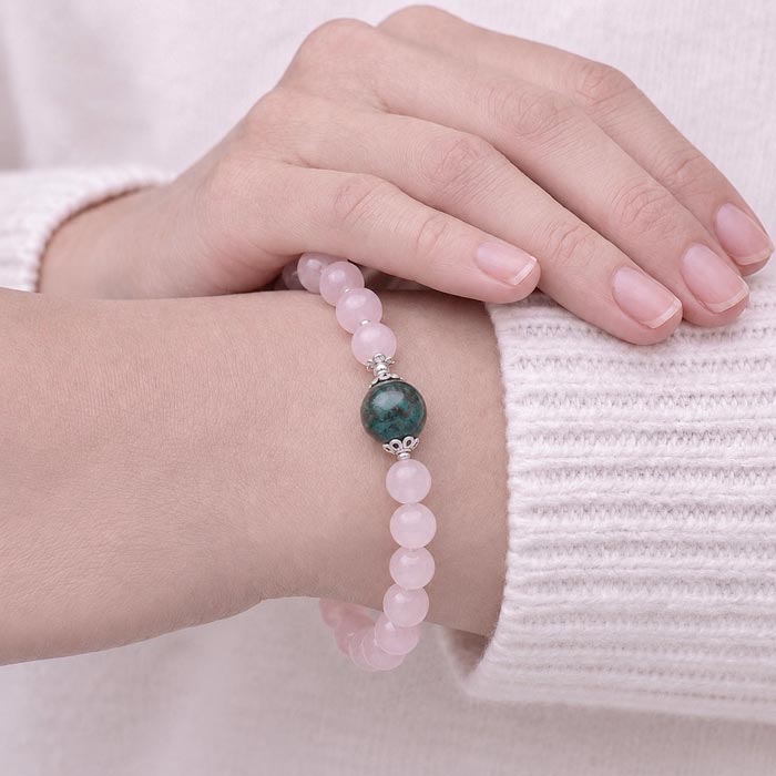 Multi Stone Bracelet , 8mm Rose Quartz & Chrysocolla Stones Bracelet