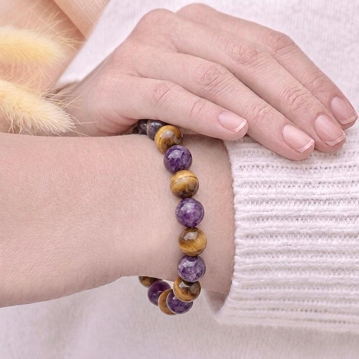 Natural 8mm Amethyst Stone & 8mm Tiger Eye Bracelet