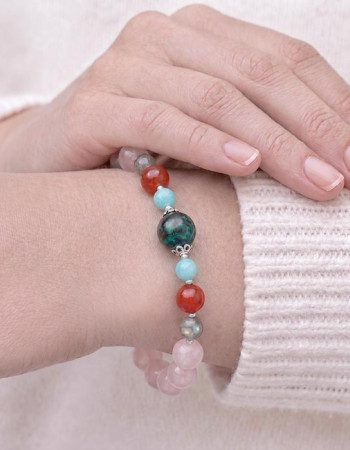 8mm Pembe Kuvars, Amazonit, Kırmızı Akik, Labradorit ve Krizokol Taşlı Bileklik