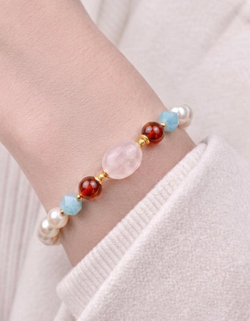 8mm İnci , Mavi Kuvars , Kehribar ve Pembe Kuvars Bileklik
