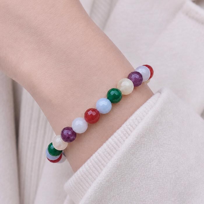 8mm Akuamarin, Ametist, Kırmızı Ve Yeşil Akik & Aytaşı Bileklik