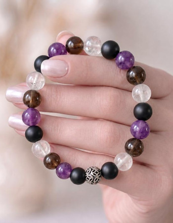 8mm Siyah Oniks , Rutil Kuvars , Dumanlı Kuvars ve Ametist Taşlı Bileklik