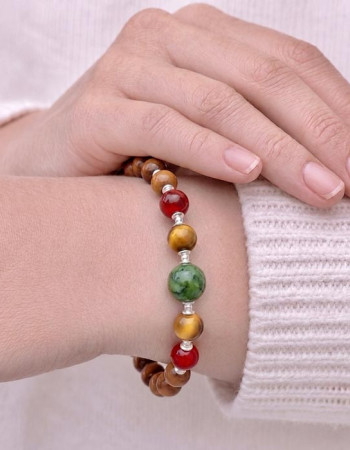 Natural Coke Wood Bracelet With Red Agate , Tiger Eye & Canadian Jade