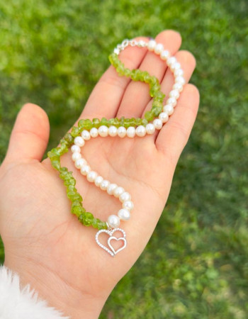 925 Ayar Gümüş Doğal Peridot & inci Kolye
