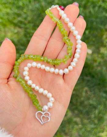 925 Ayar Gümüş Doğal Peridot & inci Kolye