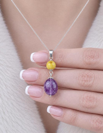 925 Sterling Silver Amethyst & Amber Stone Necklace
