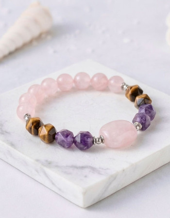 Multi Stone Bracelet , 8mm Rose Quartz , Tiger eye & Amethyst Stone Bracelet