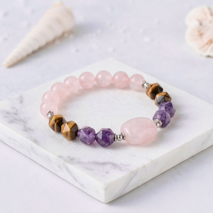 Multi Stone Bracelet , 8mm Rose Quartz , Tiger eye & Amethyst Stone Bracelet