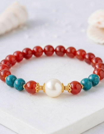 Multi Stone Bracelet , 8mm Red Agate , Blue Apatite & Mother Of Pearl Bracelet