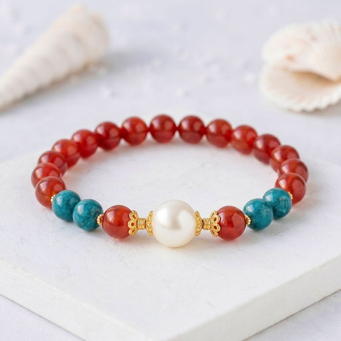 Multi Stone Bracelet , 8mm Red Agate , Blue Apatite & Mother Of Pearl Bracelet