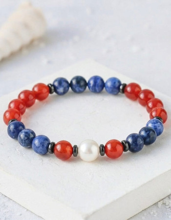 Multi Stone Bracelet , 8mm Red Agate , Sodalite , Pearl Bracelet