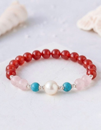 Multi Stone Bracelet , 8mm Red Agate , Rose Quartz , Turquoise & Pearl Bracelet
