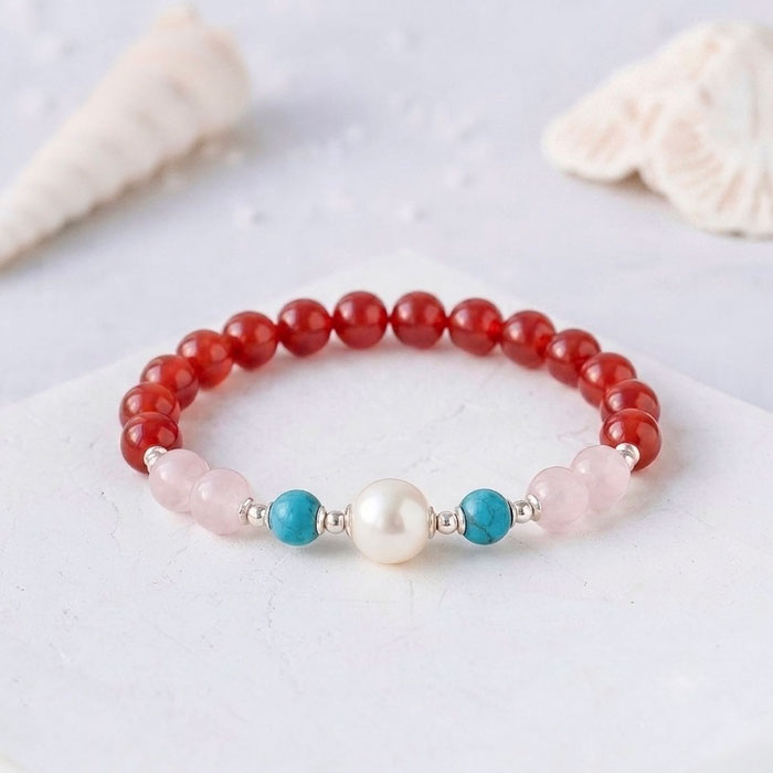 Multi Stone Bracelet , 8mm Red Agate , Rose Quartz , Turquoise & Pearl Bracelet
