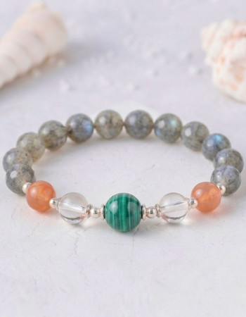 Multi Stone Bracelet , 8mm Labradorite + Malachite + Brown Moonstone And Crystal quartz Stones Bracelet