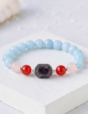 8mm Natural Aquamarine , Red Agate , Tourmaline & Rose Quartz Bracelet