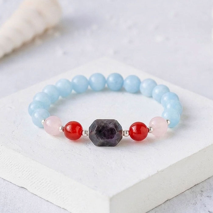 8mm Natural Aquamarine , Red Agate , Tourmaline & Rose Quartz Bracelet