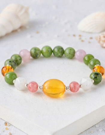 Multi Stone Bracelet , Natural Canadian Jade , Rhodochrosite , Moonstone , Kunzite & Amber Bracelet
