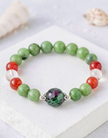 Multi Stone Bracelet , Natural Canadian Jade , Red Agate , Crystal Quartz And Ruby Zoisite Stones Bracelet