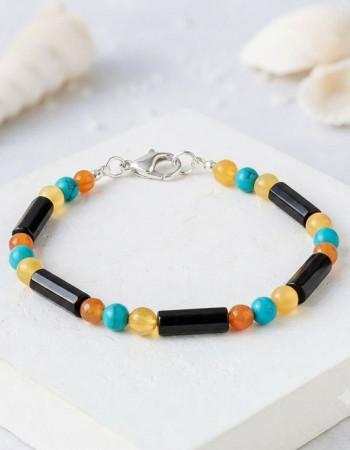 925 Silver Royal Bracelet - Natural Baltic Amber , Fire Opal & Turquoise Bracelet