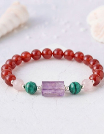 Multi Stone Bracelet , 8mm Red Agate , Malachite , Amber , Rose Quartz & Ametrine Bracelet