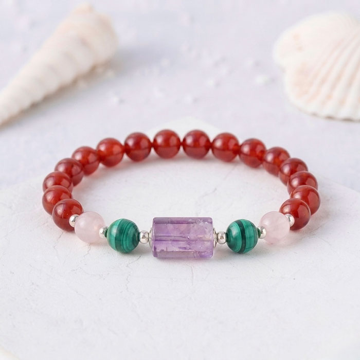 Multi Stone Bracelet , 8mm Red Agate , Malachite , Amber , Rose Quartz & Ametrine Bracelet