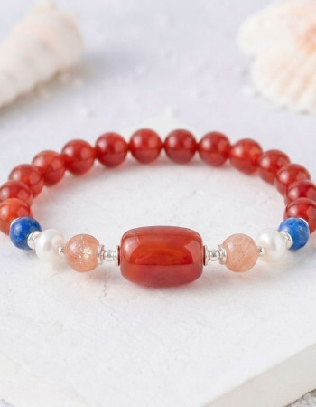 Multi Stone Bracelet , 8mm Red Agate , Kyanite , Sun Stone & Pearl Bracelet