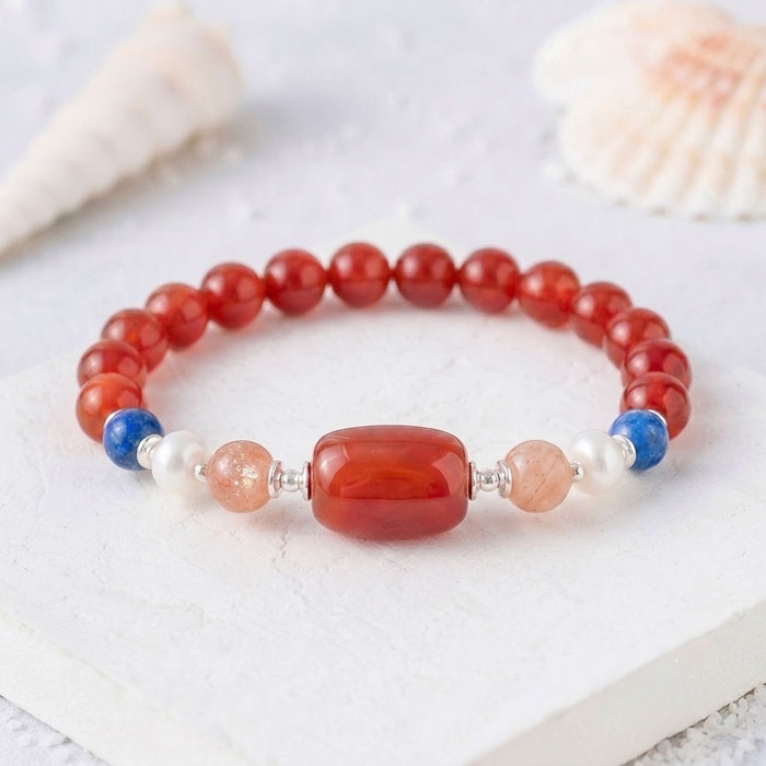 Multi Stone Bracelet , 8mm Red Agate , Kyanite , Sun Stone & Pearl Bracelet