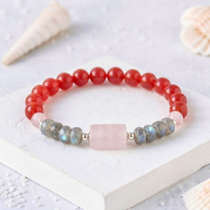 Multi Stone Bracelet , 8mm Red Agate , Labradorite  & Rose quartz Bracelet
