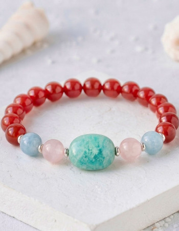 Multi Stone Bracelet , 8mm Red Agate , Aquamarine , Rose quartz & Amazonite Stones Bracelet