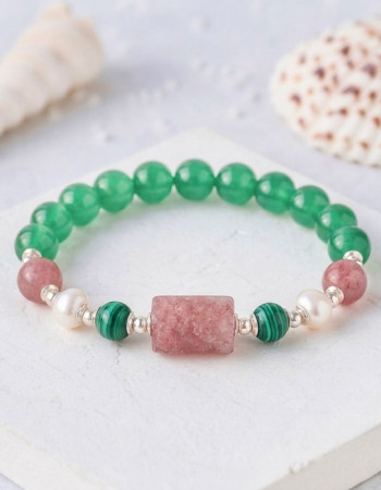 Multi Stone Bracelet , 8mm Green Agate , Malachite , Pearl  & Strawberry Quartz Bracelet