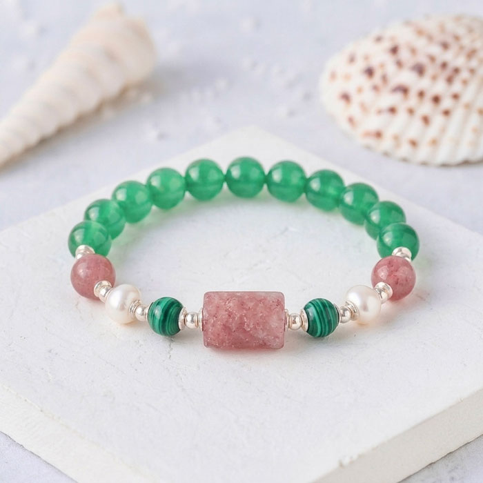 Multi Stone Bracelet , 8mm Green Agate , Malachite , Pearl  & Strawberry Quartz Bracelet