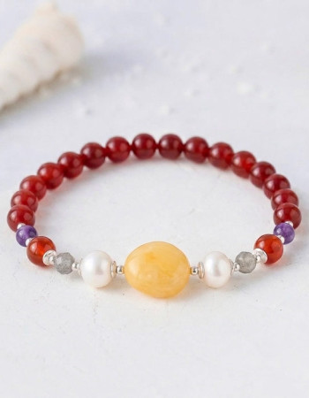Multi Stone Bracelet , 8mm Red Agate , Amethyst , Amber ,  Labradorite & Pearl Bracelet