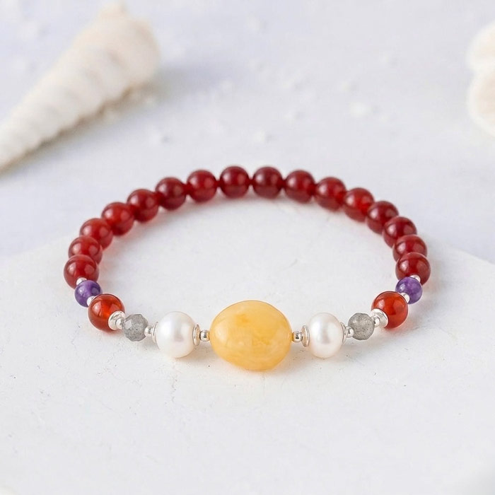 Multi Stone Bracelet , 8mm Red Agate , Amethyst , Amber ,  Labradorite & Pearl Bracelet