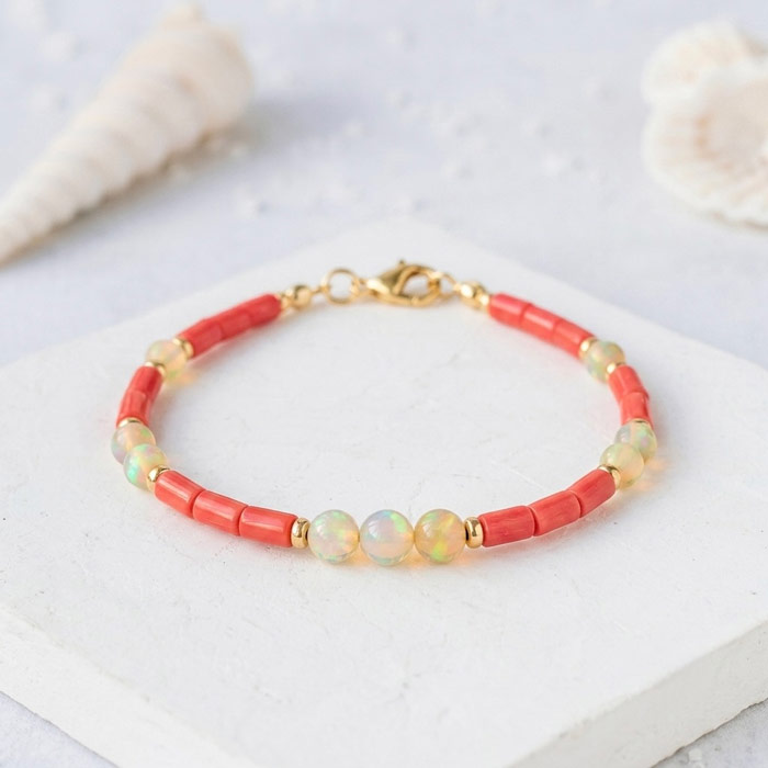 925 Sterling Silver Bracelet , 925 Silver Natural Red Coral Stone & Fire Opal stone Bracelet