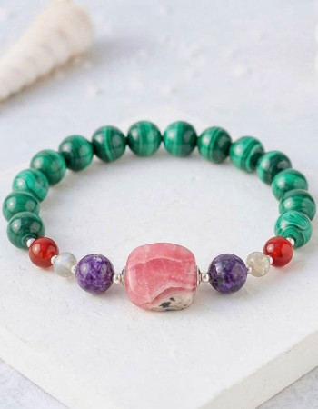 Multi Stone Bracelet , 8mm Malachite , Red Agate , Labradorite , Charoite & Rhodochrosite Stones Bracelet