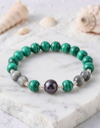 Multi Stone Bracelet , 8mm Malachite and Cat's Eye stone bracelet