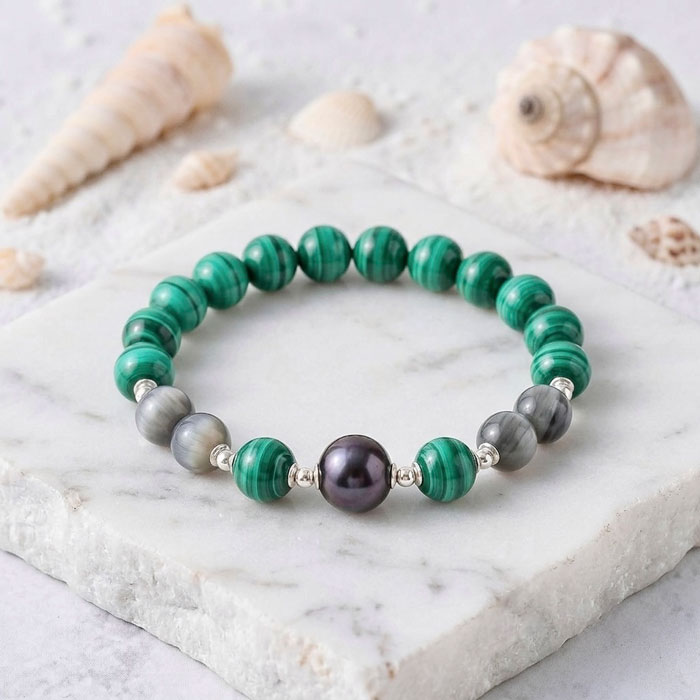 Multi Stone Bracelet , 8mm Malachite and Cat's Eye stone bracelet