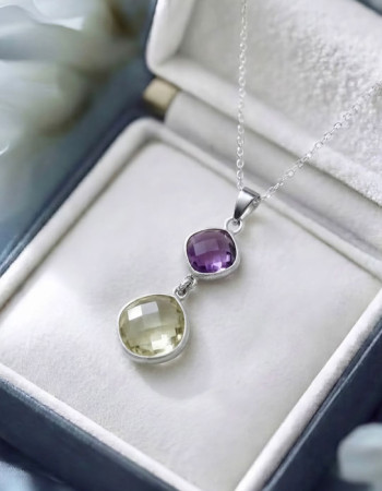 925 Sterling Silver Amethyst & Lemon Quartz Stone Pendant