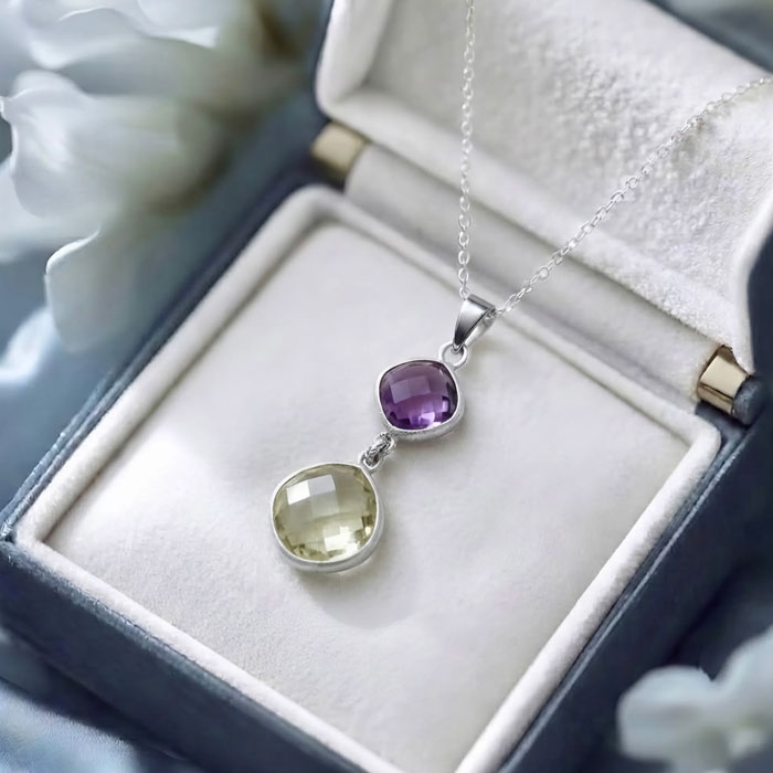 925 Sterling Silver Amethyst & Lemon Quartz Stone Pendant