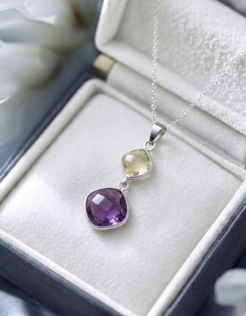 925 Sterling Silver Amethyst & Lemon Quartz Stone Pendant