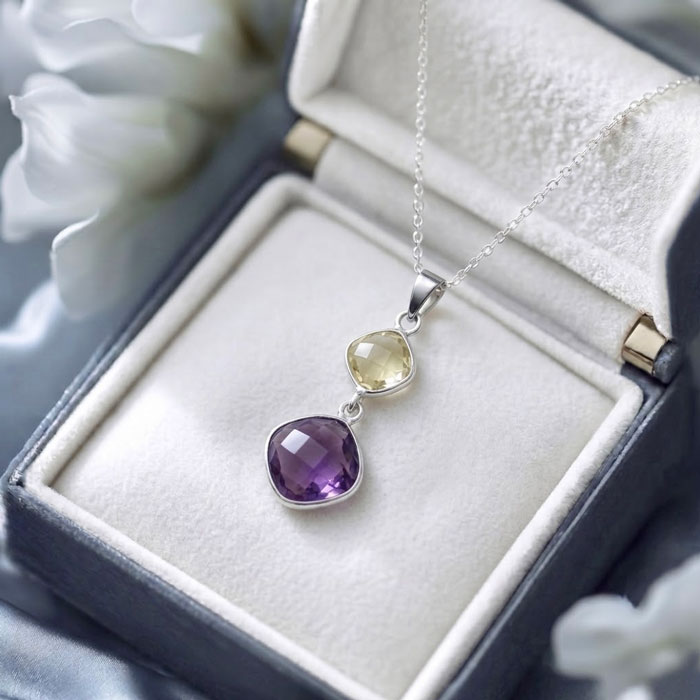 925 Sterling Silver Amethyst & Lemon Quartz Stone Pendant