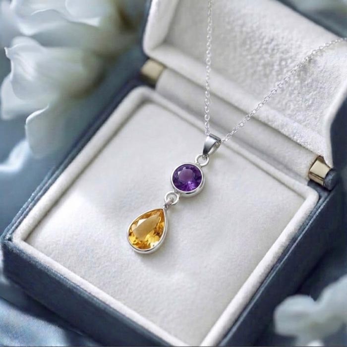 925 Sterling Silver Amethyst & Citrine Stone Pendant