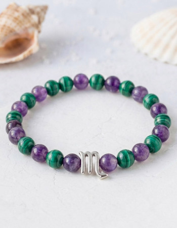 6mm Natural Amethyst & Malachite Bracelet - Zodiac Sign can be added to the bracelet