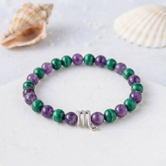 6mm Natural Amethyst & Malachite Bracelet - Zodiac Sign can be added to the bracelet