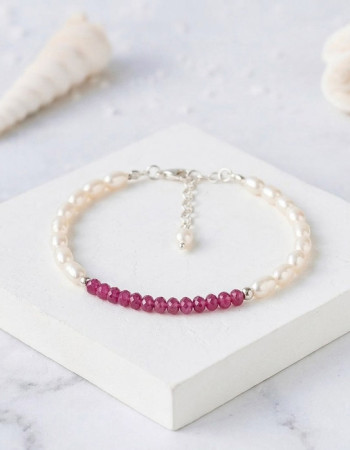 925 Sterling Silver White Pearl & Red Ruby Stone Bracelet