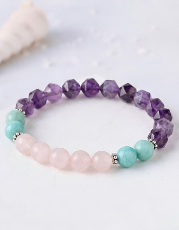 Multi Stone Bracelet , 8mm Rose Quartz , Amazonite & Amethyst Stone Bracelet
