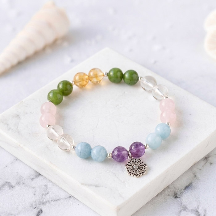 Multi Stone Bracelet , Amethyst , Crystal Quartz , Rose Quartz , Citrine , Green Jade & Aquamarine & Stones Bracelet