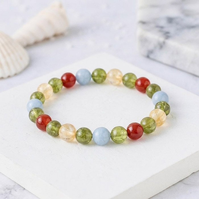 Multi Stone Bracelet ,  Natural Peridot , Citrine , Aquamarine & Red Agate Bracelet