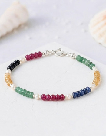 925 Sterling Silver Bracelet with Natural Ruby, Blue Sapphire, Yellow Sapphire, Emerald & Pearl