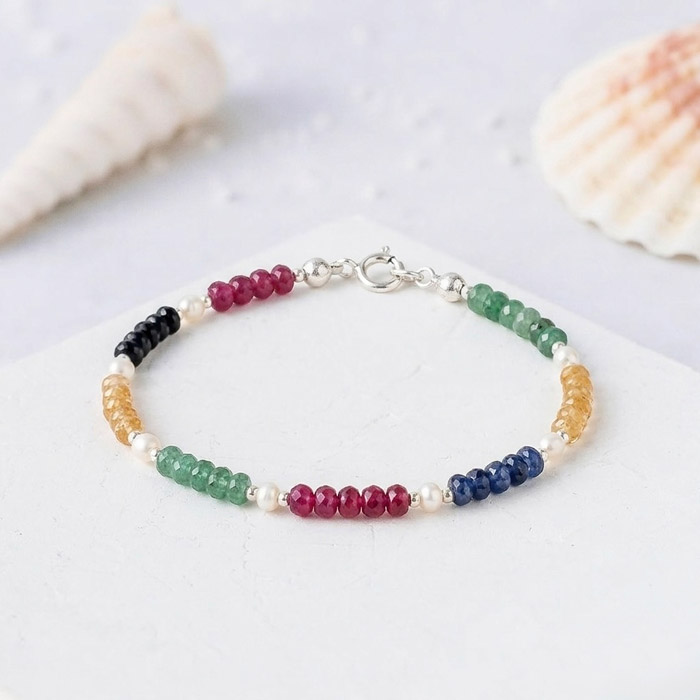 925 Sterling Silver Bracelet with Natural Ruby, Blue Sapphire, Yellow Sapphire, Emerald & Pearl